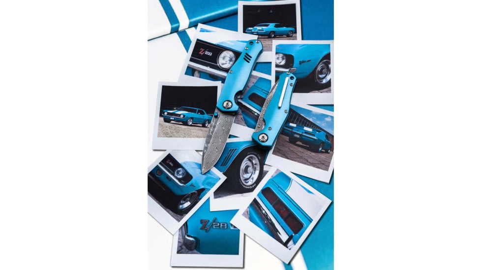 Boker 111101Dam 3.15 Drop Point Damascus Blade Blue Aluminum Handle