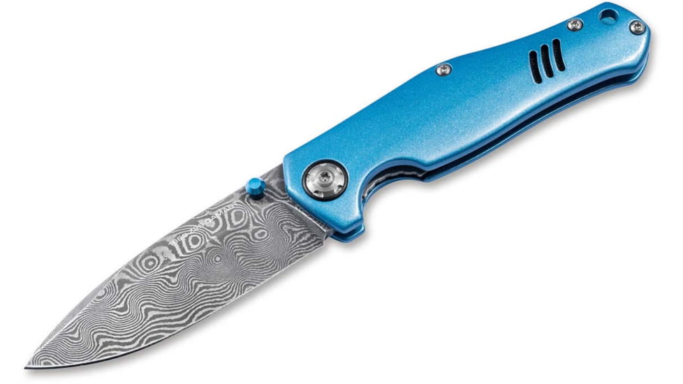 Boker 111101Dam 3.15 Drop Point Damascus Blade Blue Aluminum Handle