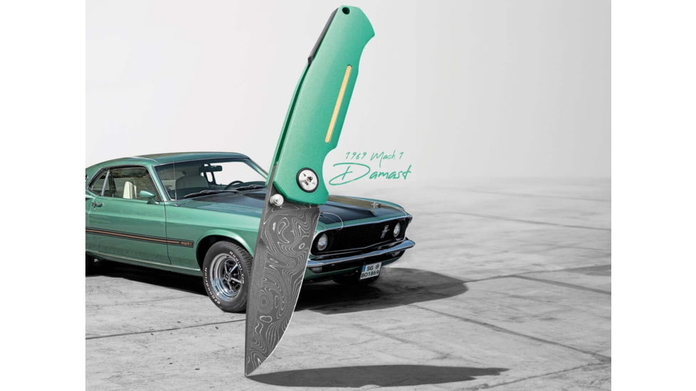 Boker 111102Dam 3.22 Drop Point Plain Damascus Blade Green Aluminum Handle