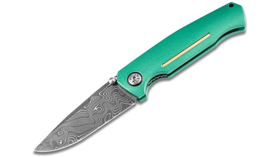 Boker 111102Dam 3.22 Drop Point Plain Damascus Blade Green Aluminum Handle