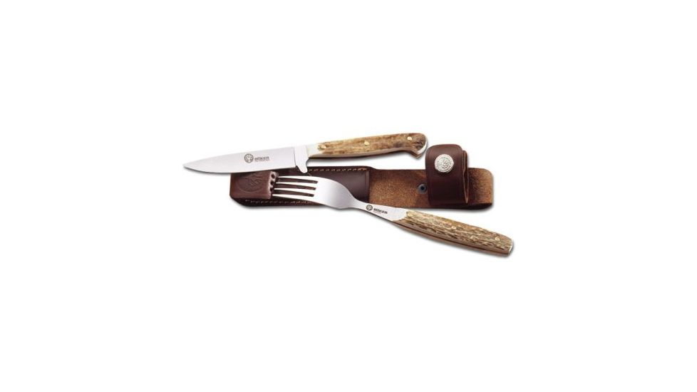 Boker USA Arbolito Stag Fork &amp; Knife Set  w/ Leather Sheath 03BA501HH