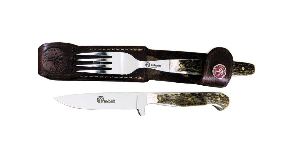 Boker USA Arbolito Stag Fork &amp; Knife Set w/ Leather Sheath 03BA501HH