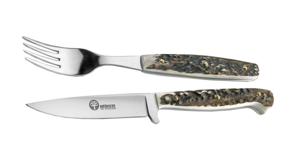 Boker USA Arbolito Stag Fork &amp; Knife Set w/ Leather Sheath 03BA501HH