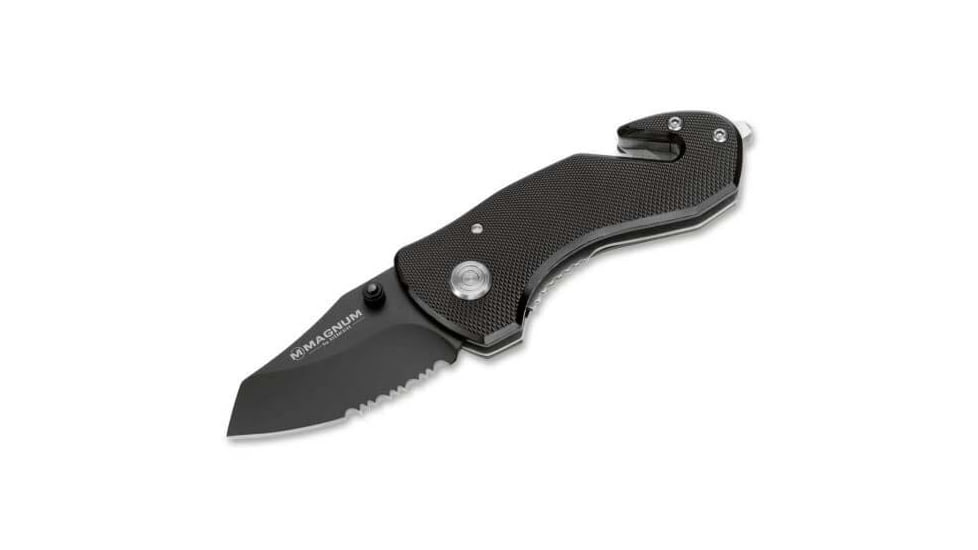 Boker USA Magnum Compact Rescue Folding Knife, 3.5in Closed, 2in, 440A, Black Partially Serrated Blade, Black Textured Aluminum Handle, 01MB456