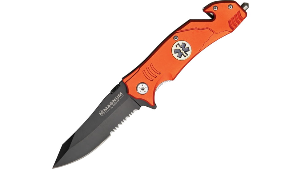 Boker USA Rescue Linerlock EMS Folding Knife, 3.38in Black Partially Serrated 440 SS Blade, Orange Aluminum Handle, Belt/Cord Cutter, Inlay Shield, Glass Breaker, Pocket Clip, Thumb Stud., 01LL472
