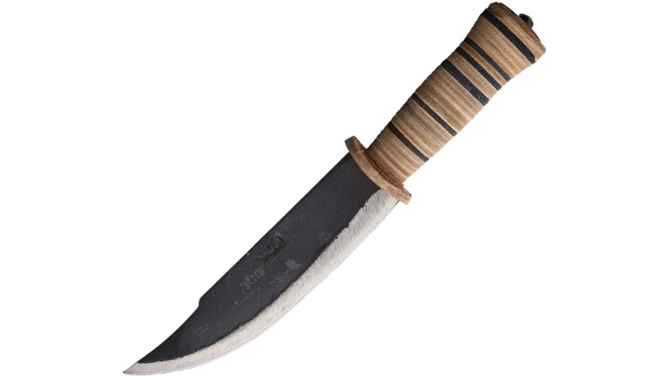 BR Rinaldi Hunter's Knife, 12.5in Overall, 7.75in, Natural Finish Spring Steel Clip Point Blade, Stacked Leather Handle, Leather Sheath, 240 WITH F240 SHEATH