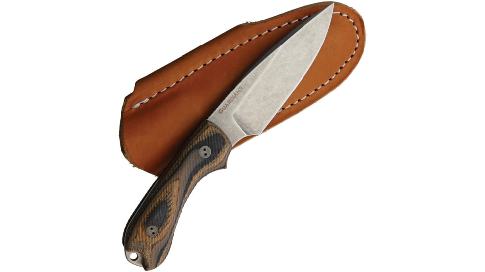 Bradford Knives Guardian 3 3D G-Wood Fixed Blade Knife, 6.75in Overall, 3.25in Stonewash Aeb-L SS Blade, Camo Checkered G-Wood Handle, False Edge Grind Blade, Brown Leather, Camo, 3FE-115-AEBL