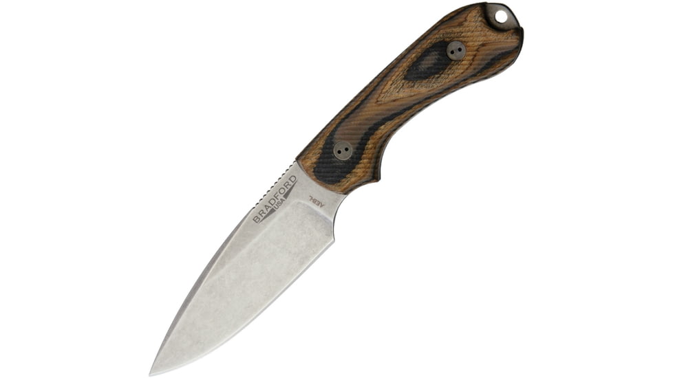 Bradford Knives Guardian 3 3D G-Wood Fixed Blade Knife, 6.75in Overall, 3.25in Stonewash Aeb-L SS Blade, Camo Checkered G-Wood Handle, False Edge Grind Blade, Brown Leather, Camo, 3FE-115-AEBL