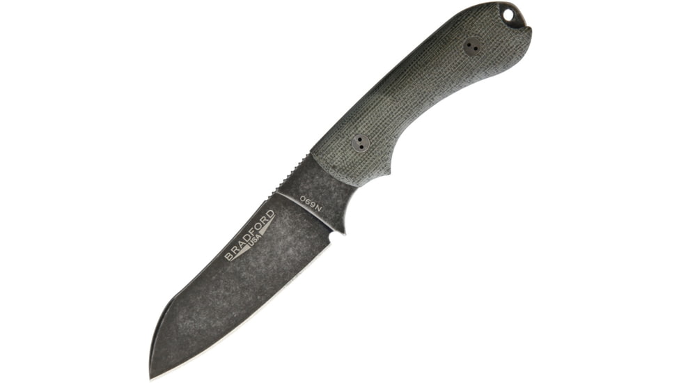 Bradford Knives Guardian 3 Nimbus OD Fixed Blade Knife, 7in Overall, 3.5in N690 SS Sheepsfoot Blade, OD Green Linen Micarta Handle, Nimbus Finish Blade, Black Leather, OD green, 3SF-102N-N690