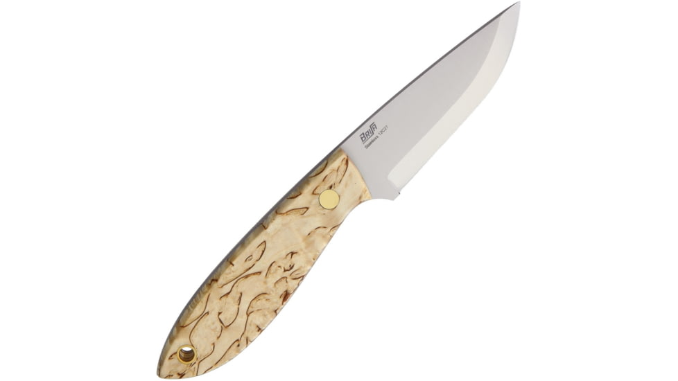 Brisa Bobtail 80 Birch Fixed Blade Knife, 6.75in Overall, 3in Satin 12C27 Sandvik SS Drop Point, Curly Birch Handle, Scandi Grind Blade, Leather And Reindeer Antler Lanyard, Brown Leather Belt Sheath, 9950