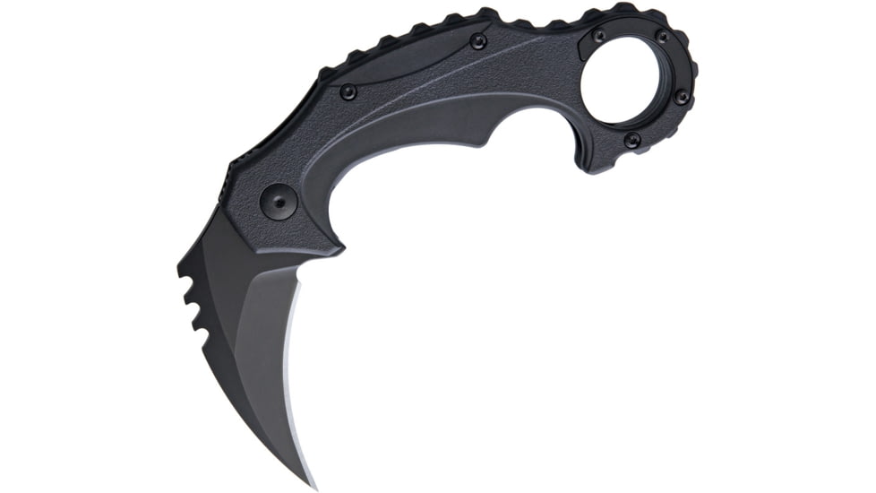 Brous Blades Enforcer Linerlockout Folding Knife, 2.75in Blackout Finish SS Karambit Blade, Black Sculpted Polymer Handle, Finger Ring, Pocket Clip, BRBM001B