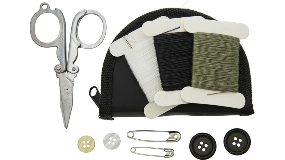 Bushcraft Sewing Kit In Zipped Pouch In Black Nylon Zippered Storage Pouch, Contains 3 Thread White, Black, Green, 2 Safety Pins, 4 Buttons, Scissors, Black Nylon Case, RP135A