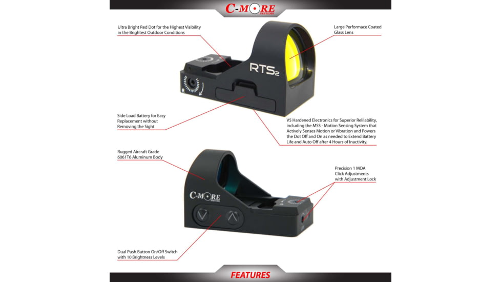 C-MORE RTS2 1x V5 Micro Red Dot Sight, 3 MOA Dot, Matte, Black, RTS2B-3