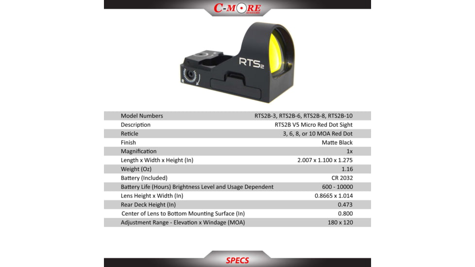 C-MORE RTS2 1x V5 Micro Red Dot Sight, 3 MOA Dot, Matte, Black, RTS2B-3