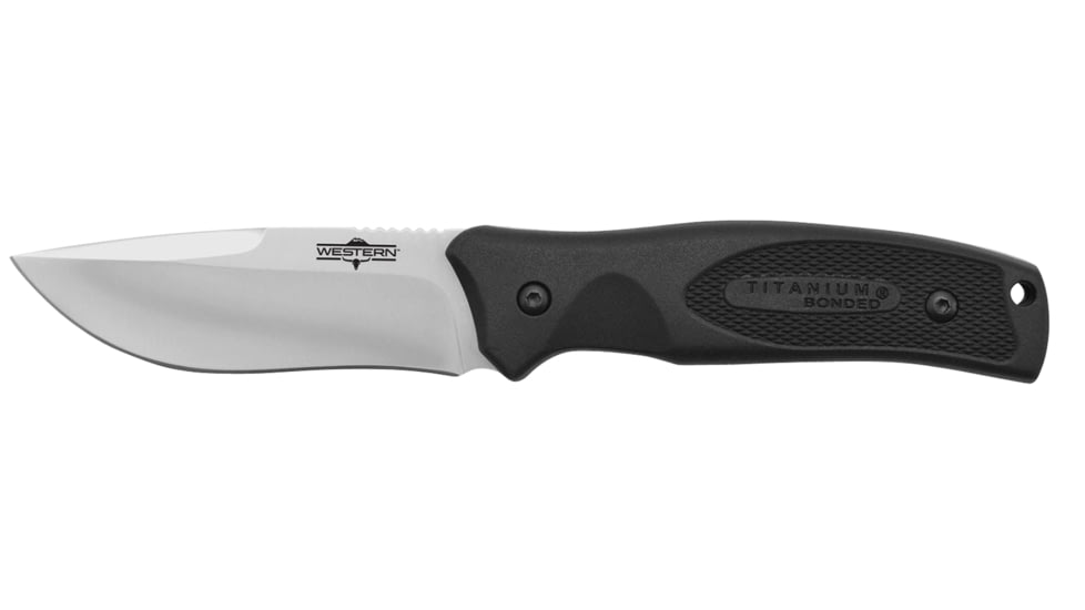 CrossFire Western Black River Fixed Blade Knife, 3.75in, 420 Steel, Drop Point Blade, Black Rubber Handle, 19232