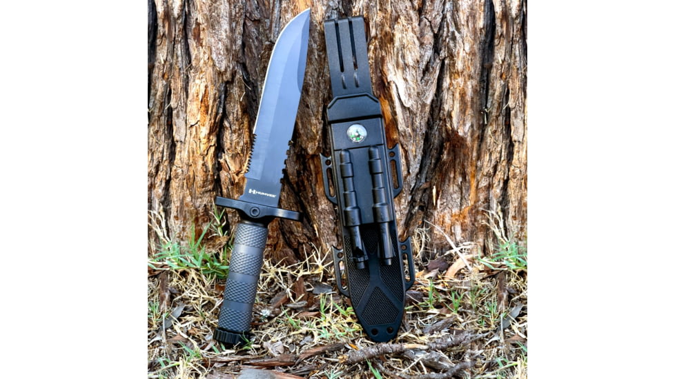 Campco Humvee Survival Knife, 7.50in, Stainless Steel, Fixed Sawback Plain Black Blade, OD Green Textured Rubber Handle, HMV-KFXB-01