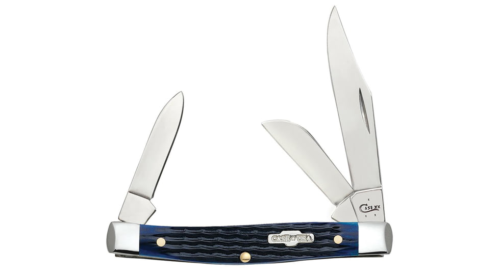 Case Stockman Rogers Corn Cob Jig Medium Stockman Folding Knife, Tru-Sharp Stainless, Clip Point/Sheepfoot/Pen, Blue Bone, 02806