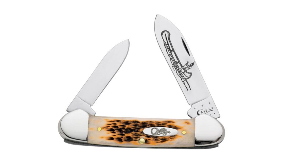 Case 62131 CV Amber Canoe  Canoe Image-Etched Spear Blade and Pen BladeFolding Knife, Amber Bone Handle, 3 5/8 00263