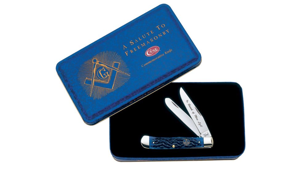 Case 6254 SS Blue Bone Masonic Trapper  Embellished Clip Blade and Spey BladeMasonic Gift Set, Blue Bone Handle, 4 1/8 01058