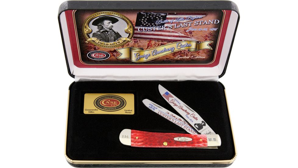 Case Custer's Last Stand Trapper Folding Knife,Stainless Steel,Standard Edge,Mirror Polish,Red,Pick Bone Handle CACLSRPB