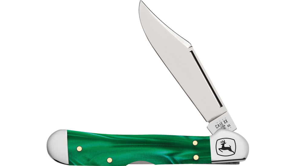 Case John Deere Mini Copperlock Folding Knife, Mirror finish stainless locking clip blade, Green smooth Kirinite handle, 15774
