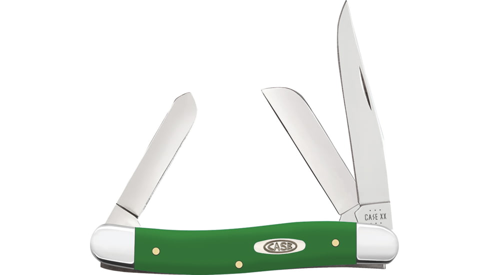 Case Medium Stockman Green Folding Knife, 3.63in Closed, Mirror Clip/Sheepsfoot/Spey Blades, Green Smooth Synthetic Handle, 53392