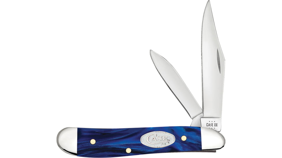 Case Peanut Blue Pearl Kirinite Folding Knife, 2.88in Closed, 2.1in/1.53in, Mirror Clip/Pen Blades, Blue Pearl Kirinite Handle, 23446