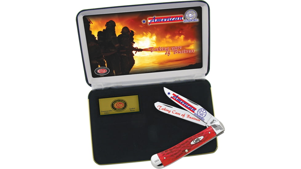 Case American Firefighter Gift Folding Knive Set, SS Clip/ Spey Blades, Red Jigged Bone Handles, CAT-AFF