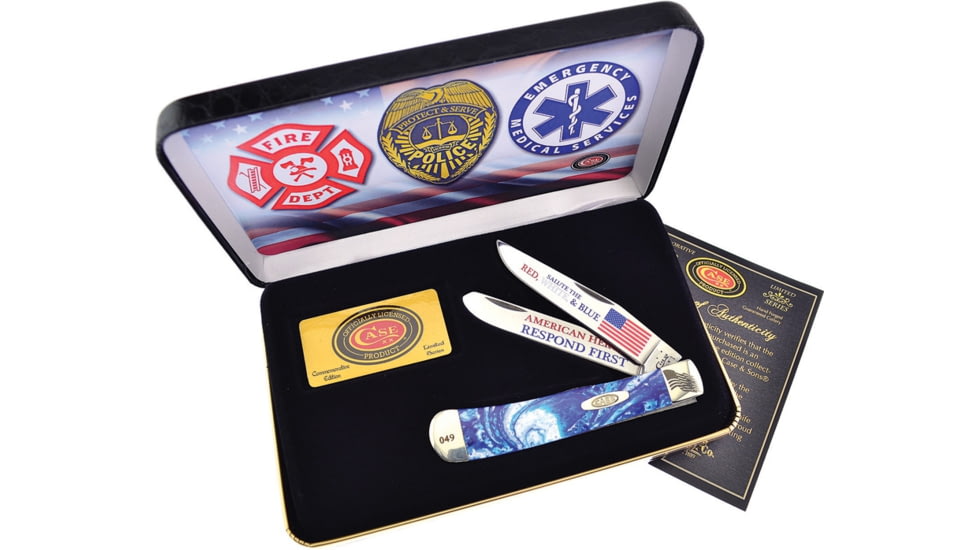 Case American Hero Trapper Folding Knife, Mirror SS Clip/ Spey Blades, Blue Smooth Corelon Handle, Serialized, Certificate Of Authenticity, CAT-BC/1ST