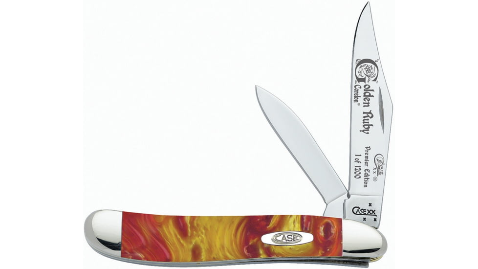 Case Golden Ruby Peanut Folding Knife, Mirror SS Clip And Pen Blades, Golden Ruby Corelon Handle, Nickel Silver Bolster, Inlay Shield, Blade Etching, 9220GR