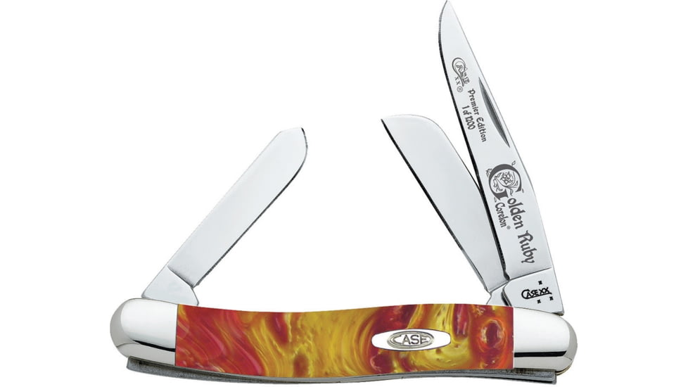 Case Golden Ruby Stockman Folding Knife, Mirror SS Clip, Spey, Sheepsfoot Blades, Golden Ruby Corelon Handle, Nickel Silver Bolster, Blade Etching, Inlay Shield, 9318GR
