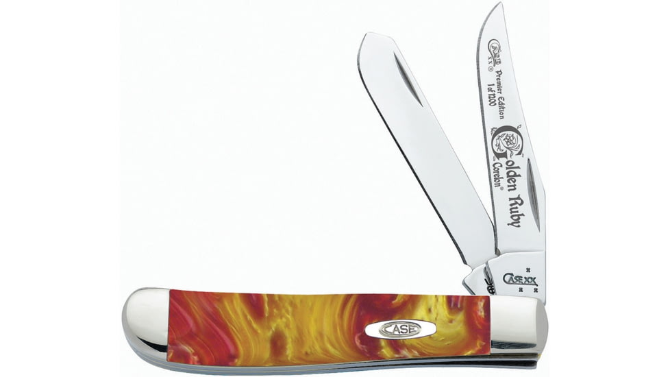 Case Mini Golden Ruby Trapper Folding Knife, Mirror SS Clip/ Spey Blades, Golden Ruby Corelon Handle, Nickel Silver Bolster, Inlay Shield, Blade Etching, 9207GR