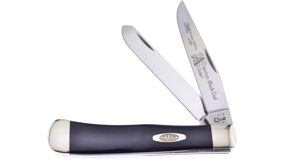 Case Trapper Corelon Folding Knife, Mirror SS Clip/ Spey Blades, Black Smooth Corelon Handle, Nickel Silver Bolster, Inlay Shield, Blade Etching, black, 9254ABC