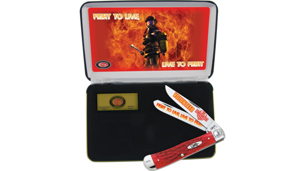 Case Volunteer Firefighter Folding Knife, SS Clip/ Spey Blades, Red Pick Bone Handles, CAT-VFF