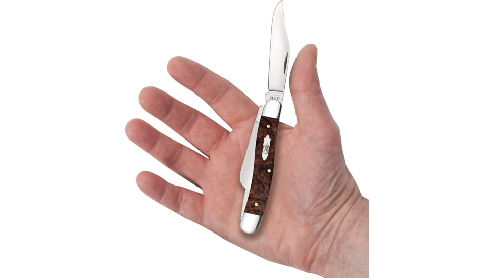 Case Stockman Maple Burl Wood Folding Knife, 3.88in Closed, Mirror Stainless Clip/Sheepsfoot/Spey Blades, Brown Smooth Maple Burl Wood Handle, 64065