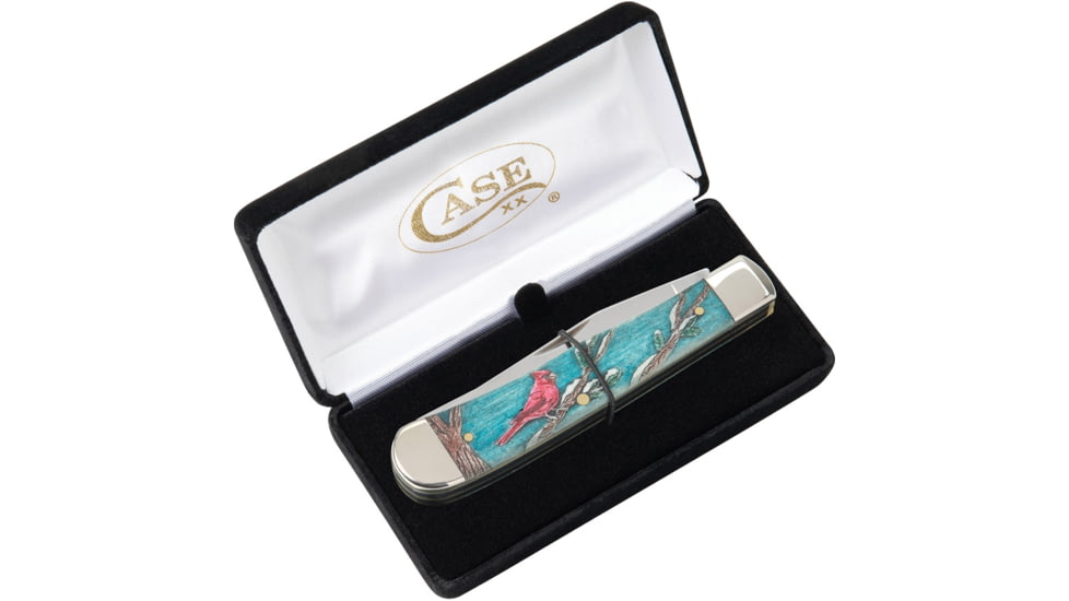 Case Trapper Cardinal Folding Knife, 4.13in Closed, Mirror Clip/Spey Blades, Embellished Color Wash Natural Bone Handle, 39159