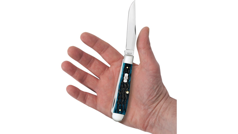 Case Trapper Med Blue Peach Seed Folding Knife, 4.13in Closed, Mirror Clip/Spey Blades, Pocket Worn Mediterranean Blue Peach Seed Jigged Bone Handle, 51850