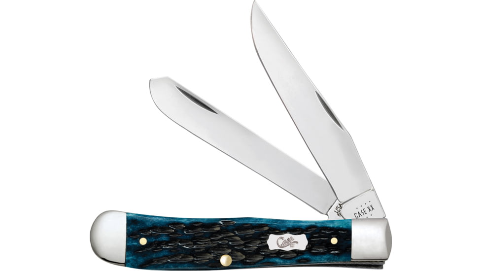 Case Trapper Med Blue Peach Seed Folding Knife, 4.13in Closed, 3.2in/3.3in, Mirror Clip/Spey Blades, Pocket Worn Mediterranean Blue Peach Seed Jigged Bone Handle, 51850