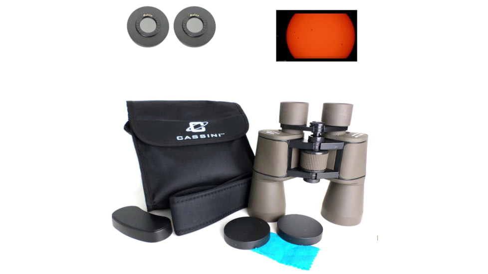 Cassini 12 x 50mm Porro Prism Binoculars w/ Solar Filter Caps, Gray, C-1250SF