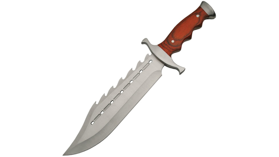 China Made Bowie Gator Back Wood Fixed Blade Knife, 15in Overall, 9.5in Satin SS Clip Point Blade, Brown Pakkawood Handle, SS Guard And Pommel, Sawback Blade, Black Nylon Belt Sheath, Brown, 211398