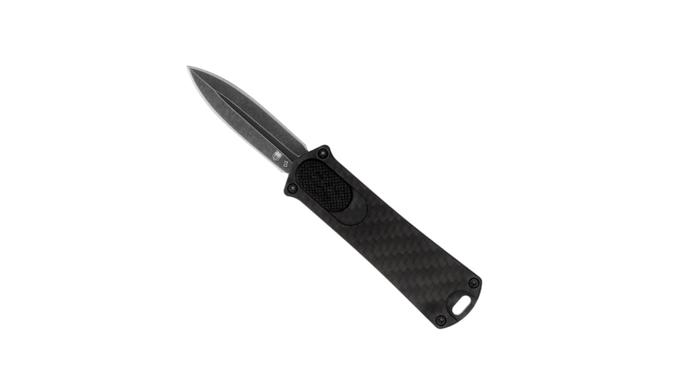 CobraTec Knives California 952 OTF Knife, 1.75in, Stonewashed D2 Steel, Non-Serrated Dagger Blade, Carbon Fiber Handle, 952BLKCFDAGNS