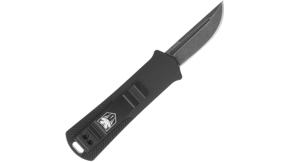 CobraTec Knives California 952 OTF Knife, 1.75in, Stonewashed D2 Steel, Non-Serrated Drop Blade, Black Handle, CALI952BLKDNS