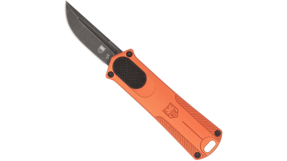 CobraTec Knives California 952 OTF Knife, 1.75in, Stonewashed D2 Steel, Non-Serrated Drop Point, Aluminum Orange Handle, CALI952ORGDNS