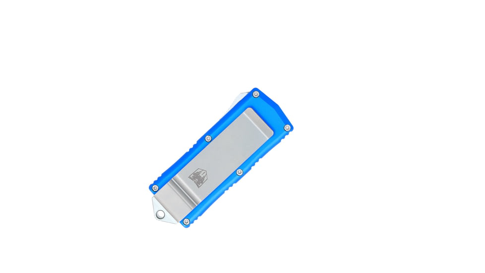 CobraTec Knives Money Clip OTF Knife, 1.75in, D2 Steel, Drop Non-Serrated, Blue Handle, BLUOTFMCDNS