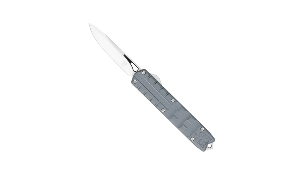 CobraTec Knives Small Enforcer OTF Knife, 2.25in, M390 Drop Non-Serrated, Grey Handle, SCTEGRYM390DNS