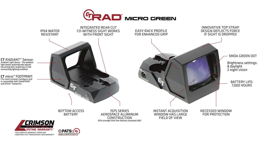 Crimson Trace CT-RAD Micro Reflex Green Dot Sight, 5 MOA Green Dot Reticle, Black, 01-3000018