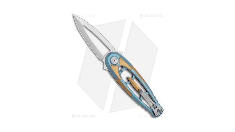 CRKT Hirin Folding Knife, 3.50in, Bohler M390 Stainless Steel, Dagger Blade, Titanium Blue/Bronze Handle, Steel/Blue/Bronze, 8.75in, BHQ-113913