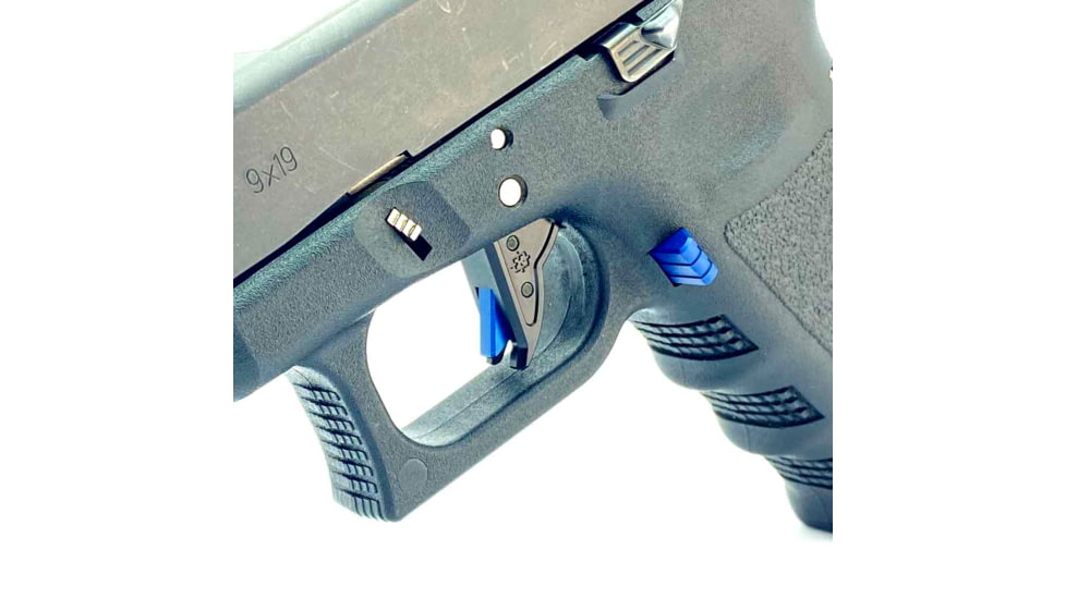 Cross Armory Glock Gen 1-3 Enhanced Flat Faced Trigger w/Bar, 9mm, Aluminum, Black/Blue Safety, crGTb-bk-bl