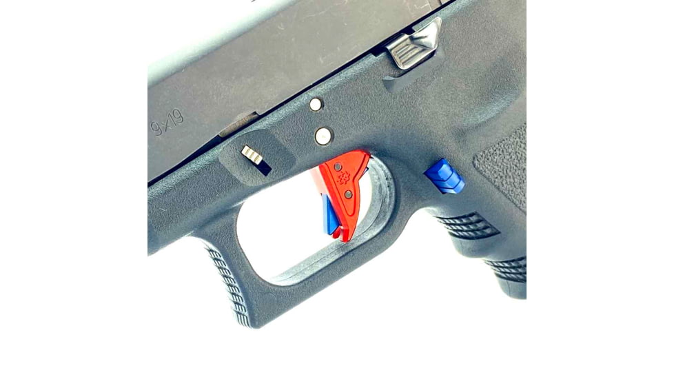 Cross Armory Glock Gen 1-3 Enhanced Flat Faced Trigger w/Bar, 9mm, Aluminum, Red/Blue Safety, crGTb-rd-bl