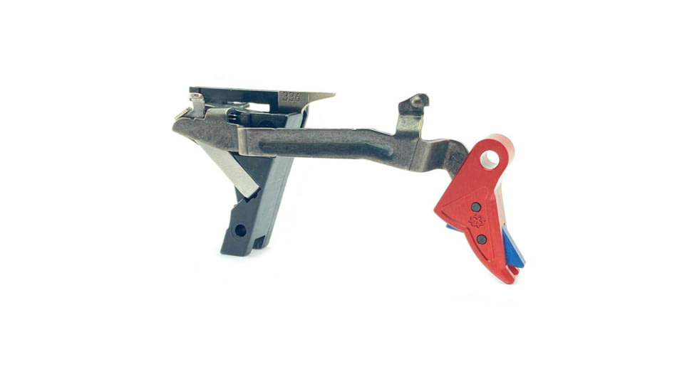 Cross Armory Glock Gen 1-3 Enhanced Flat Faced Trigger w/ Bar, Drop-in Shoe/3.5 Spring, 9mm, Aluminum/Blue Safety, Red/Blue, Small, crGTdi-rd-bl